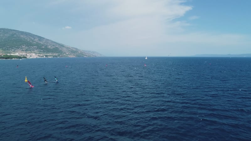 Aerial view of windsurfers during the PWA world cup, Brac, Croatia.