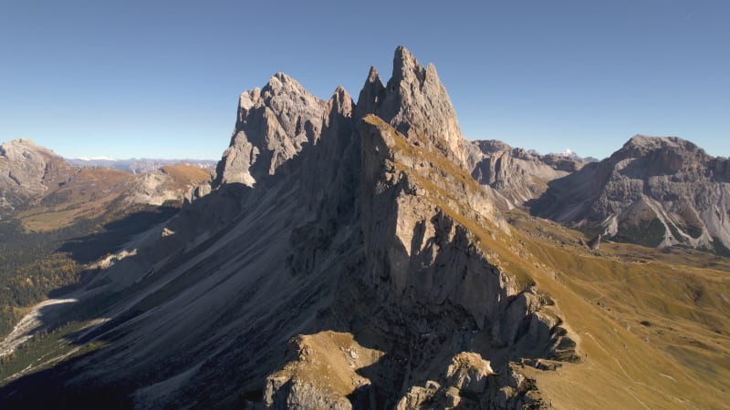 Aerial View of Italian Alps in Autumn in Seceda, Dolomites, Italy.