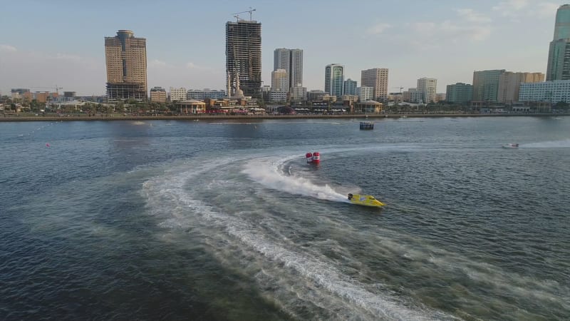 Aerial view of speed boats during the race in Khalid lake.