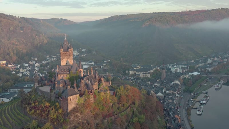 Sunrise View of Cochem in Germany with the Medieval Castle Overlooking the River
