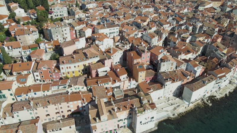 Aerial view of Rovinj old town facing the Adriatic Sea in Istria, Croatia.