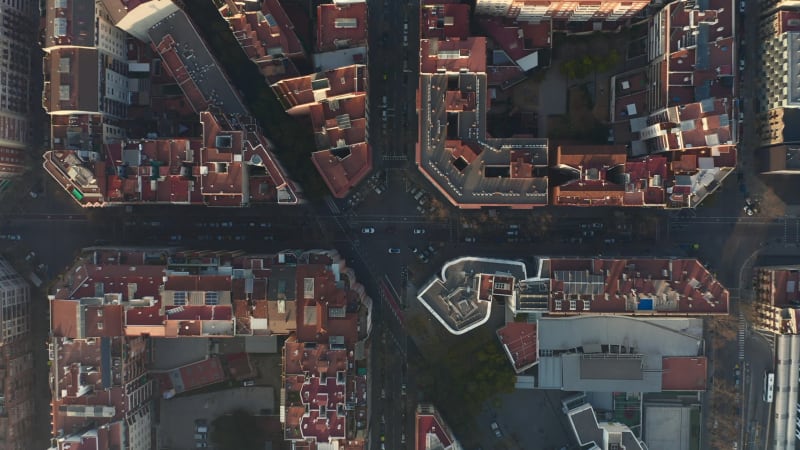 Overhead Drone Shot of Typical City Blocks Intersection in Barcelona, Spain in beautiful Sunlight