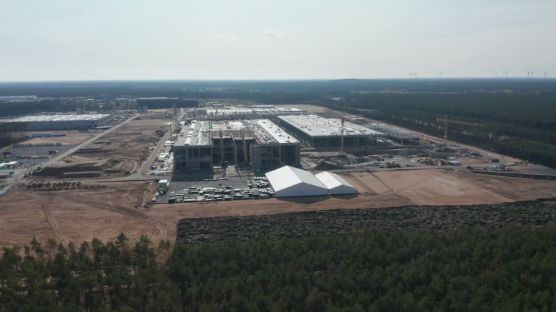 Big Building Construction Site in Nature Area in Europe, Aerial Drone Perspective Wide View