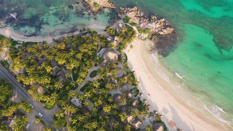 Aerial view of the beach shore in Tulum, Quintana Roo.