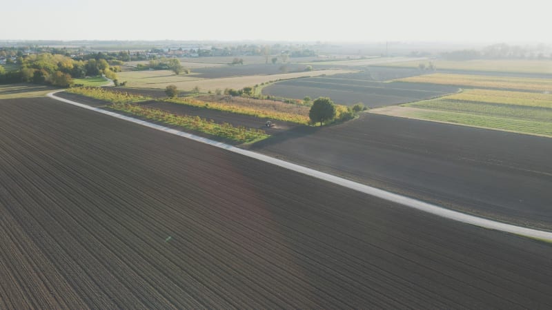 Aerial view of a tractor, Aquileia, Udine, Friuli Venezia Giulia, Italy.