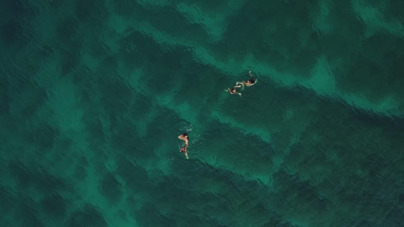 Aerial view of family swimming in turquoise Adriatic sea.