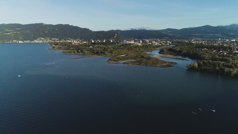 Aerial view of Lake constance shoreline near Arbon, Switzerland.