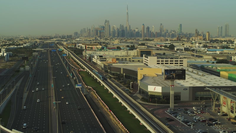 Aerial view of Dubai skyline with Burj Khalifa skyscraper, UAE.