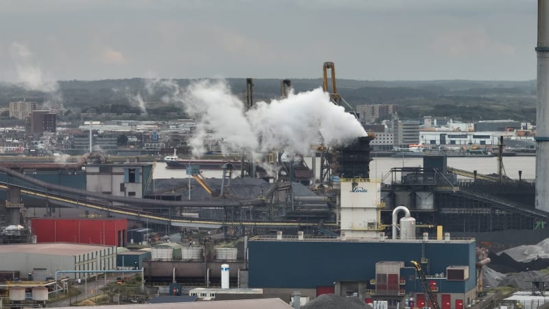 aerial shot of an steel production facility in Wijk Aan Zee