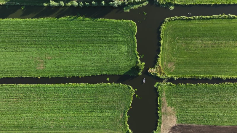 Top down view of a boat in an agricultural Scenery in Krimpenerwaard, Netherlands