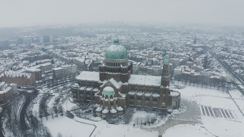 Aerial view of Basilique National du Sacre Coeur a Koekelberg, Belgium.