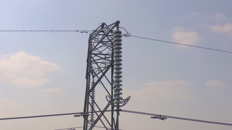 High Voltage Electrical Pylon Close Up Aerial View