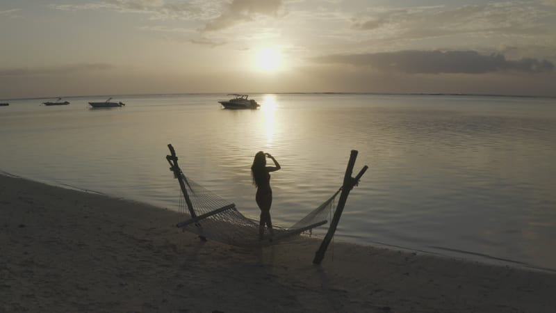 Aerial view of a person on the beach, Mauritius.