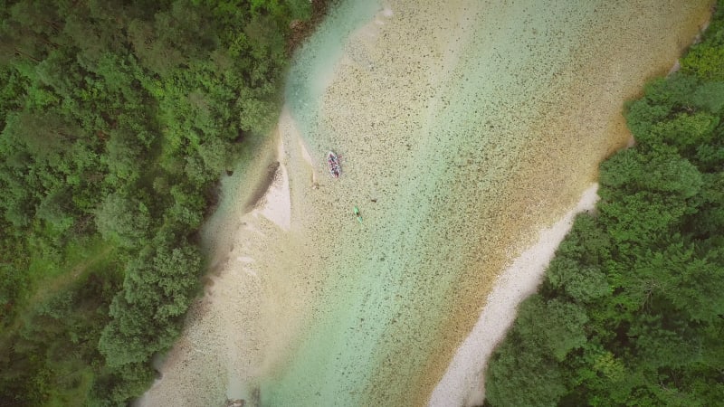 Aerial view of an adventurers group doing water rafting activity