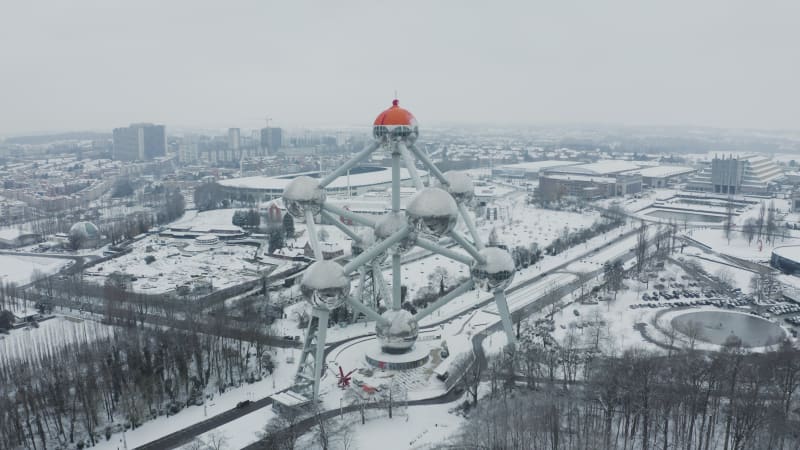 Aerial view of the Atomium in wintertime, Brussel, Belgium.