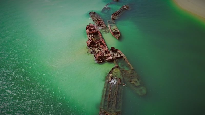 Aerial view of Moreton island shipwrecks in Australia.