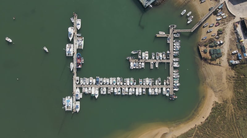 Aerial view of boats at pier in Alvor, Algarve, Portugal.