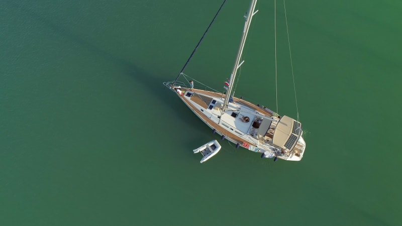 Aerial view of luxury sailboat in the mediterranean sea, Kefkada.