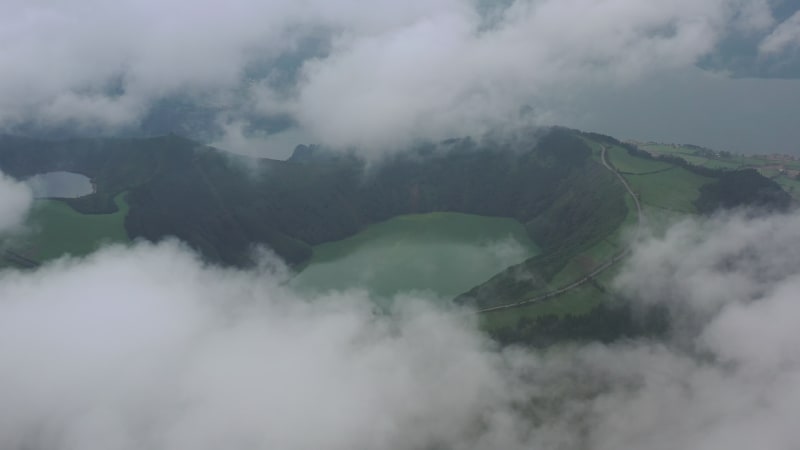 Aerial view of a small lake on hilltop near Capelas, Azores Islands, Portugal.