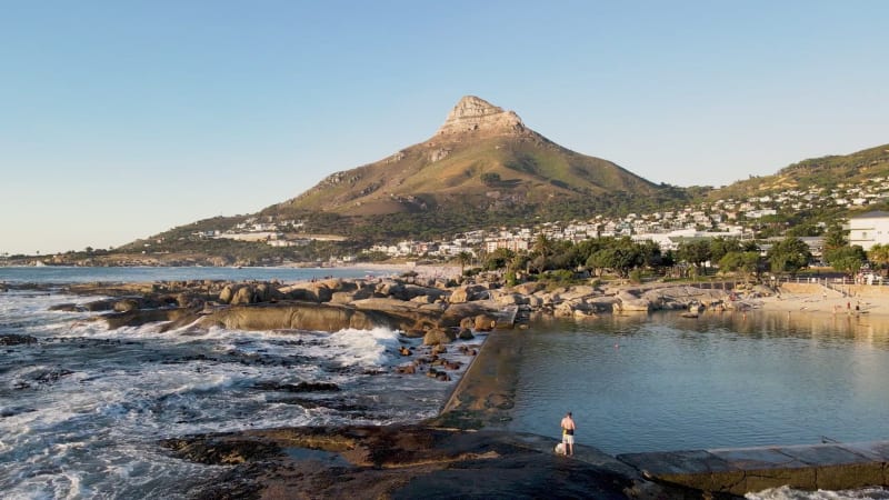 Aerial view of Camps Bay tidal pool, Cape Town, South Africa.