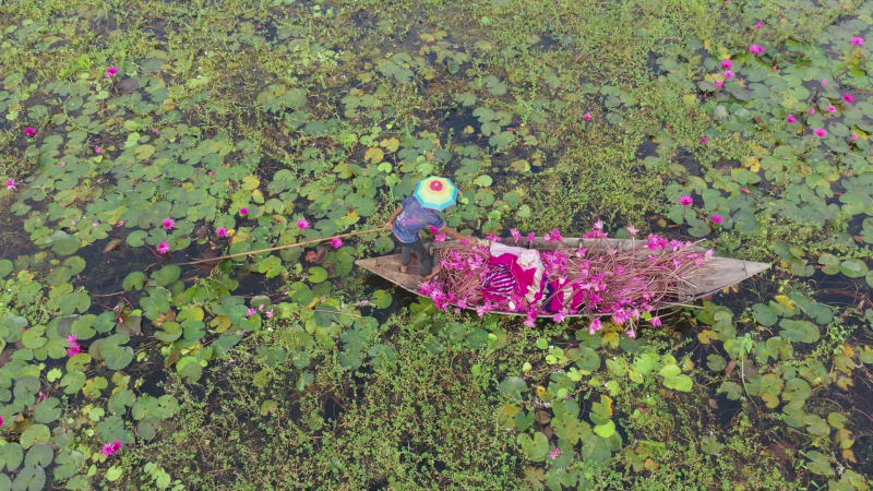 Aerial View of a fisherman working on a small canoe, Dhaka, Bangladesh.