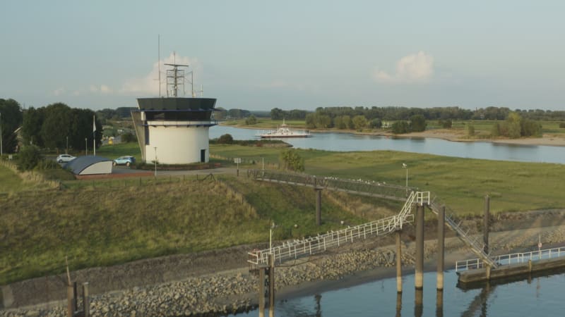 Aerial View of Traffic Post for Boats on River Lek and Nederrijn during Water Drought in Wijk bij Duurstede, Netherlands