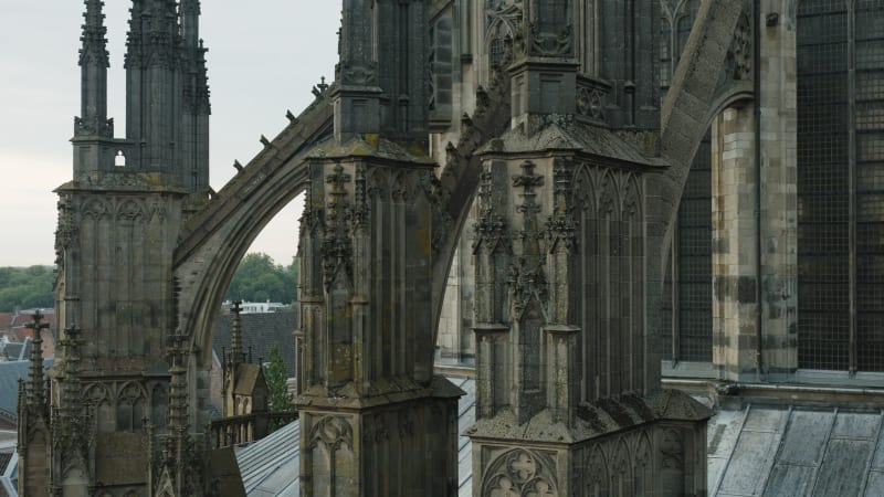 Aerial shot of the Dom Church pillars up close. In Utrecht, the Netherlands