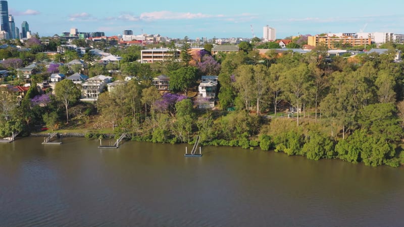 Aerial view of Houses along the Brisbane River, Brisbane.