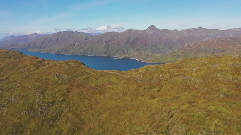 Aerial view of Portage Bay, Unalaska island, Alaska, United States.