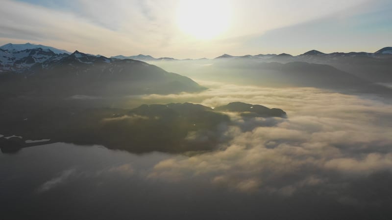 Aerial view of Unalaska Bay with fog on Unalaska island, Alaska, United States.