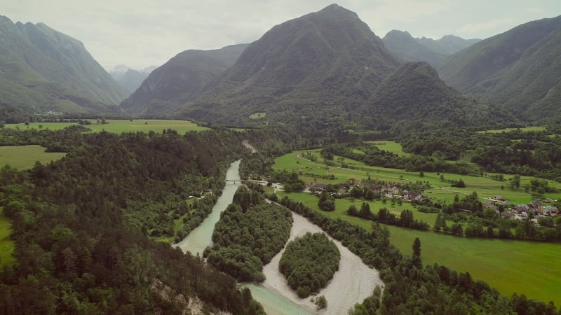 Aerial view of a small village with typical houses.