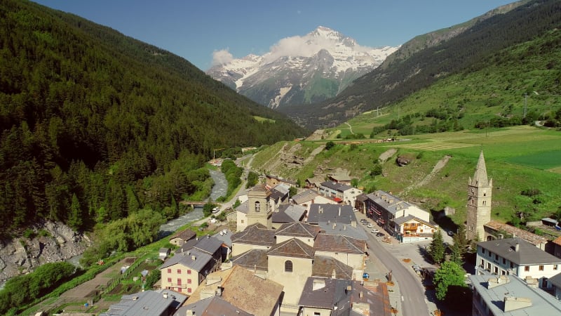 Aerial view of Lanslebourg village and snow peak mountain.