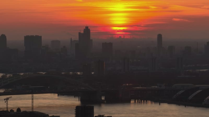 Rotterdam Skyline at Sunset Aerial Footage