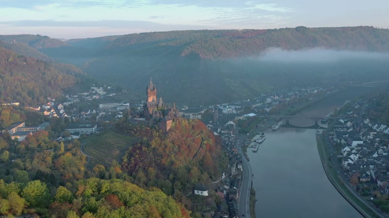 Sunrise View of Cochem in Germany with the Medieval Castle Overlooking the River