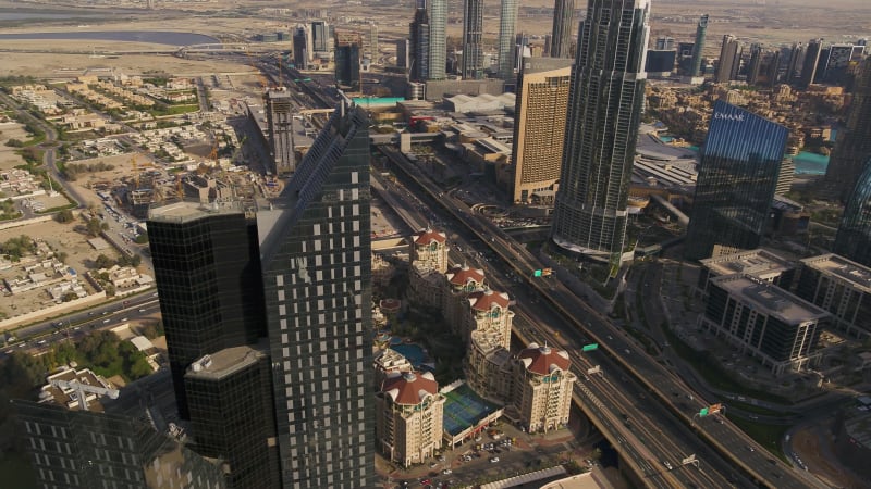 Aerial view of many buildings.