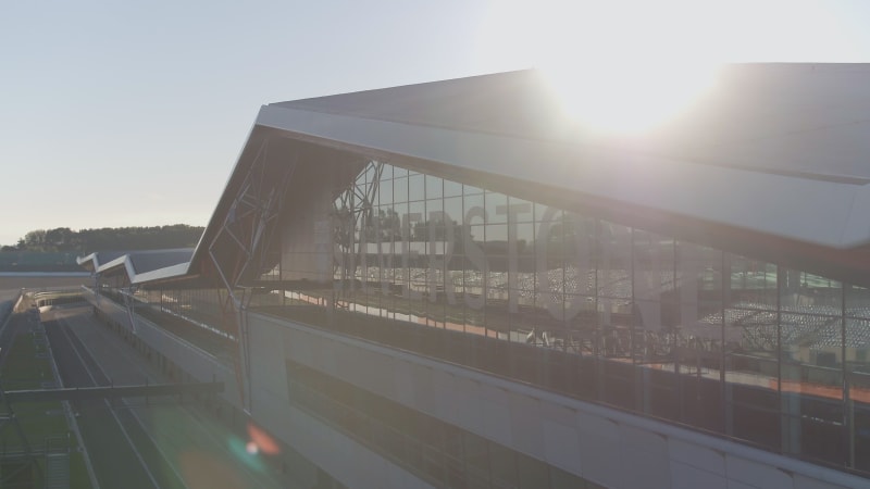 The Wing of Silverstone Race Track and International Pit Straight in the Morning