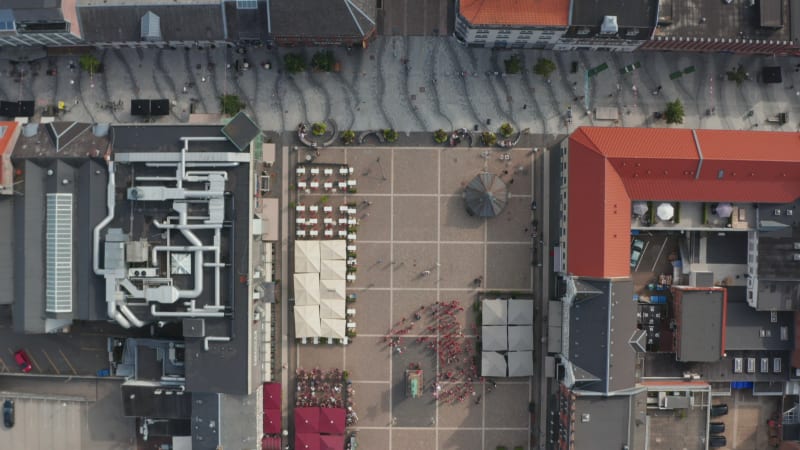 Overhead view over the famous Torvet square in Esbjerg, Denmark with the statue of Christian IX. Top down view of the main square of Esbjerg with its courthouse