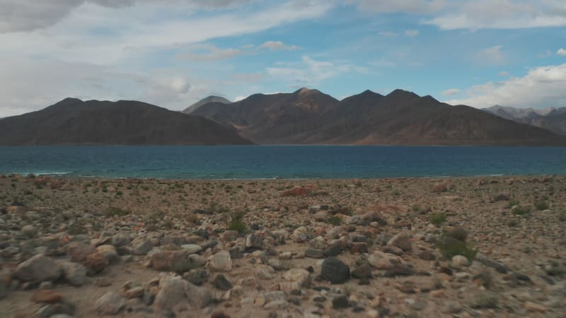 Aerial view of a lake with mountains in background, Ladakh region, India.