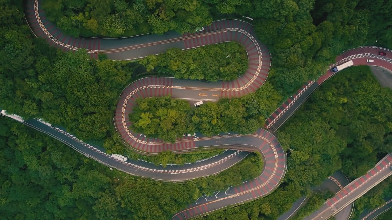 Aerial view of a curvy road near Hakone, Japan.