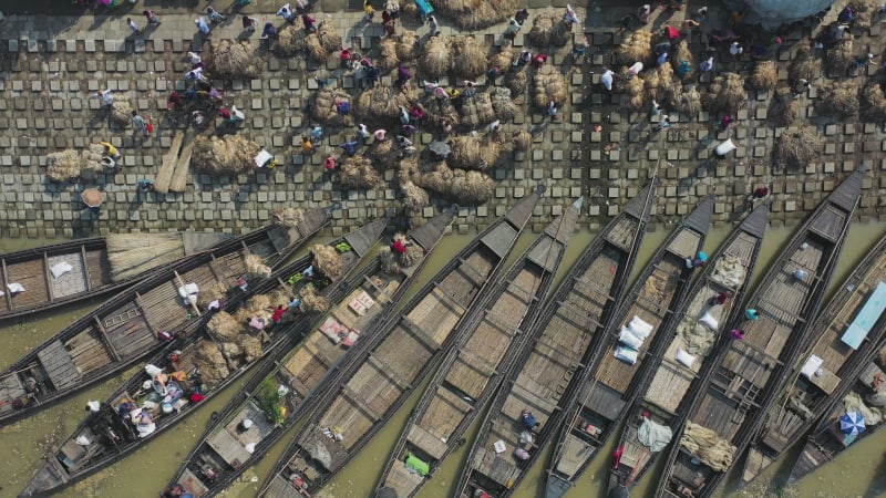 Aerial view of Wholesale Jute market in Jamalpur, Bangladesh.