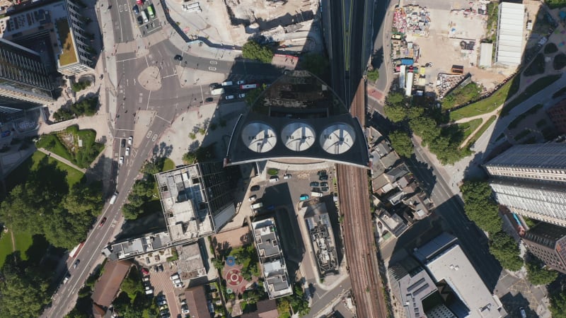 Aerial birds eye overhead top down ascending view of Strata apartment building at Elephant and Castle. Modern design skyscraper using renewable energy resources. London, UK