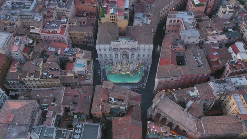 Aerial view of Trevi fountain (Fontana di Trevi) in Rome downtown, Italy.