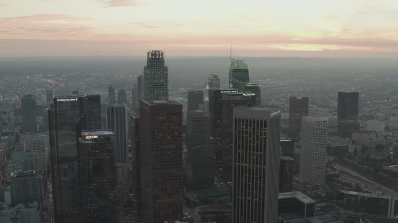 Breathtaking wide shot of Downtown Los Angeles, California Skyline at Sunset