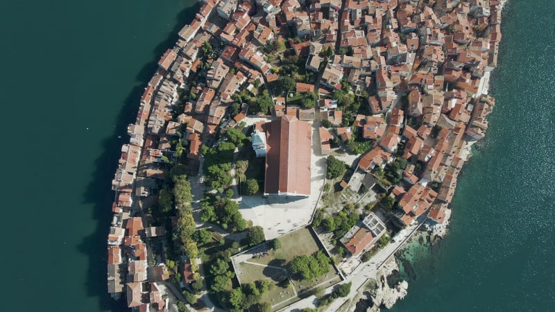 Aerial view of Rovinj old town facing the Adriatic Sea in Istria, Croatia.