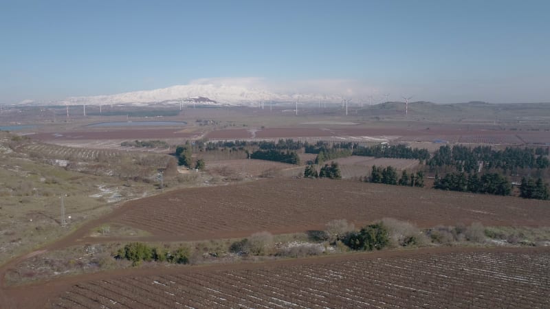 Aerial view of a landscape valley with mountains, Golan Heights, Israel.