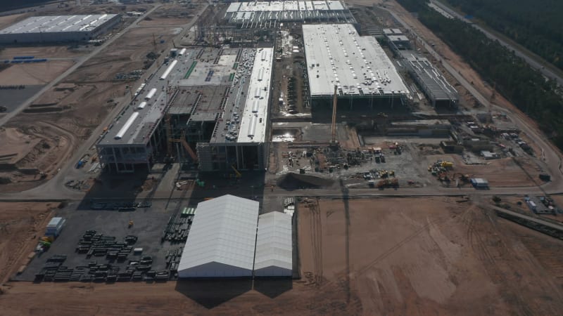 High Angle View of Construction Site for Factory in Germany, Rural Area near Berlin, Tesla Gigafactory from above, Aerial