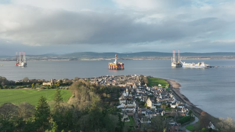 Oil Rigs in the Distance Beyond Cromarty Town in Scotland