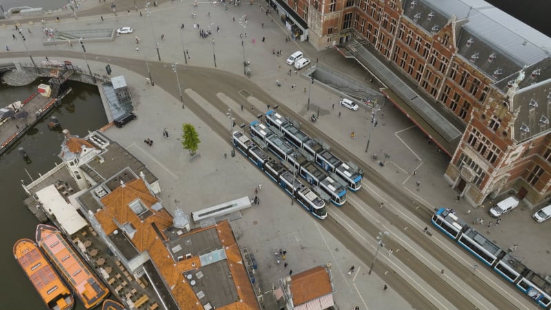 Overhead View of Trams at Amsterdam Central Station