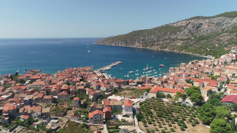 Aerial view of the winding roads to the town of Komiza.