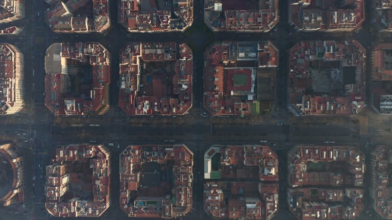 Overhead Drone Shot of Typical City Blocks in Barcelona, Spain in beautiful Sunlight